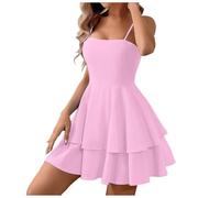 Novedades 2027 Vestidos de verano para mujer con escote cuadrado lazo sin espalda vestido de honda simple en azul doble dobladillo con volantes para una ropa casual ideal femenina días cálidos, RD2