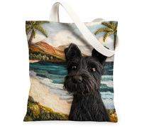 Novedosa bolsa de lona con diseño de perro terrier escocés para ir de compras de 13 x 15 pulgadas, bolsa de comestibles reutilizable para mujer, diseño de palmera de playa para mujeres, patrón de