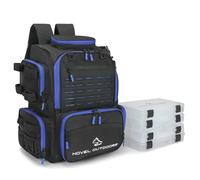 Novel Outdoors - Mochila de pesca grande con 4 cajas de aparejos - Mochila impermeable para aparejos de pesca con soporte para caña de pescar - Caja de aparejos de pesca resistente de 43 L para tus