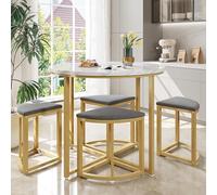 Novela Juego de mesa redonda de comedor con 4 sillas, 4 sillas, patas de metal doradas, 80 x 80 x 75 cm, ideal para espacios pequeños (cojines gris)
