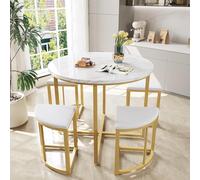 Novela Juego de mesa redonda de comedor con 4 sillas, 4 sillas, patas de metal doradas, 80 x 80 x 75 cm, ideal para espacios pequeños (cojines blancos)
