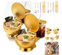 Novelty Toilet Shaped Ramen Bowl Set with Built-in Drink Cup & Straw, Reusable Toilet Ramen Bowls, Fun Gold Ceramic Noodle Bowl for Instant Noodles, Soup, Unique Gag Gift for Food Lovers (2pcs)