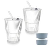 Noviatrix 2 Piezas Vasos de Cristal Agua, Vasos con Tapa y Pajita Sellado, Diseño Impermeable Vaso con Pajita para Zumo té Leche Batidos (400Ml)