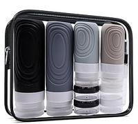 Noviatrix Juego de 18 Botes Viaje Silicona de 60/90ml, Botes Viaje Portátil Recargable a Prueba de Fugas con Neceser Transparente para Champú, Loción, Acondicionador, Gel de Ducha