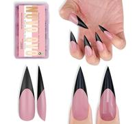 NOVO OVO Black French Tips Long XL Sharp Stiletto Puntas de Uñas Estampación Baya Rosa Extra Grueso Gel Doble Mate Artificial Cobertura Completa Uñas para Bricolaje 16 Tamaños 160 Unidades
