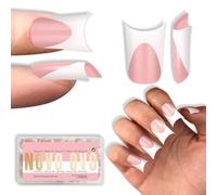 NOVO OVO Extensión de uñas extragruesas de pato cortas con luna curva de leche, puntas francesas blancas, color rosa bebé, cobertura completa para prensado en acrílico, extensiones de uñas postizas de