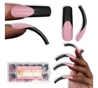 NOVO OVO Halloween Black XXL Curved Square French Tips Press on Berry Pink Full Cover Extra Dick Long XL acrílico Hawk Curve Fake Extension Kit, Need Top Coat para salón DIY 12 tamaños 144 unidades