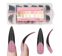 NOVO OVO Halloween Black XXL Curved Stiletto Almond French Tip Nail Tips Press on Berry Pink Full Cover Extra Espesor Acrílico Hawk Curve Fake Extension Kit, No incluye pegamento para uñas, 12 tamaños