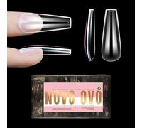 NOVO OVO L Natural Coffin Nail Tip for Flat Nails Bailarina Moldeada para uñas curvas, uñas postizas largas extra gruesas de cobertura completa x 15 tamaños, 450 unidades