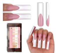 NOVO OVO Press on Nails XXL Square - 150 puntas de uñas de gel suaves, pre-coloreadas de color rosa y blanco, extra largas de 46 mm, forma recta, PMMA para pegar (no C Curve, 15 tamaños)