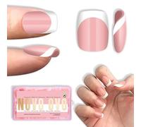 NOVO OVO Puntas de uñas cortas cuadradas redondas blancas con punta francesa a presión, color rosa bebé, extra gruesas, cobertura completa, necesitan capa superior de gel constructor y pegamento, para