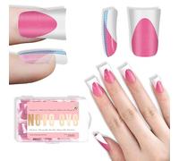 NOVO OVO Short Duck Nail Tips French Tip Press On Rosa Rosa con purpurina, extensiones de uñas de gel suave prefabricadas, cobertura completa, uñas acrílicas artificiales para salón de bricolaje, 12