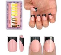 NOVO OVO Short Sharp Square Black French Tip Nail Tips Press on Baby Pink Uñas cuadradas cortas y afiladas, pegamento para uñas, cobertura completa para uñas, 15 tamaños, 240 unidades