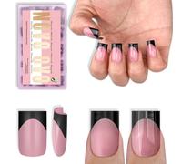 NOVO OVO Short Sharp Square Black French Tip Nail Tips Press on Berry Pink Uñas cuadradas cortas, pegamento para uñas, cobertura completa para uñas, 15 tamaños, 240 unidades