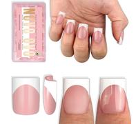 NOVO OVO Short Sharp Square White French Tip Nail Tips Press on Baby Pink - Uñas cuadradas cortas y afiladas, pegamento para uñas, cobertura completa de extensión de uñas para manualidades, 15 tamaños