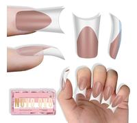 NOVO OVO Uñas de pato blancas con puntas francesas a presión, marrón y rosa con curva de luna, acrílico de cobertura completa extra gruesa, pregrabada, amplia extensión de uñas postizas de gel suave