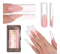 NOVO OVO White French Tip Nail Tips Press on XXL Sharp Square Baby Pink - Pegamento extra largo y grueso para uñas, gel de construcción, uñas postizas de gel suave con cobertura completa para salón de