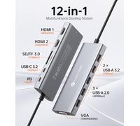 NOVOO Estación de carga USB C 12 en 1 Dual 4K HDMI y VGA, 6 puertos USB | Transferencia de datos USB-C de 10 Gbps, SD/TF, 100 W PD para portátiles con DP Alt Mode y trabajo móvil