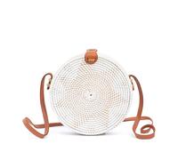 Novum Crafts Bolso redondo de ratán para mujer, bolsas de paja hechas a mano, bolso de mimbre, bolsos cruzados bohemios con círculo marrón y blanco, blanco, Diameter: 7 3/4” (20 cm), Contemporáneo