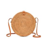 Novum Crafts Bolso redondo de ratán para mujer, hecho a mano, tejido de mimbre, círculo, cuadrado, ovalado de paja marrón, marrón, Diameter: 9 3/4” (25 cm)