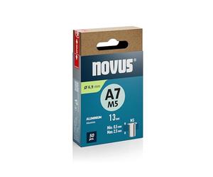 NOVUS TOOLS Tuercas de remache ciego de aluminio Ø 6,9 mm, rosca interior M5, 13 mm longitud, 50 piezas, 0,5-2,5 mm espesor del material, para fijaciones en metal no ferroso y plástico