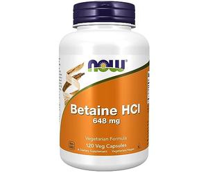 Now Foods, Betaine HCl, 648mg, 120 Cápsulas veganas, Probado en Laboratorio, Sin Gluten, Sin Soja, Vegetariano