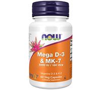Now Foods, Mega D-3 & MK-7, Vitamina D3 y K2, Depot, Cada 5 Días 1 Cápsula, Alta Dosificación, 60 Cápsulas, Testado en Laboratorio, Sin Gluten, No GMO
