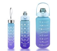 Noxtioanip 3 Piezas Botella Agua2 L, 800ml, 300ml, Cantimplora con Marcador de Tiempo de Motivación, Botella de Agua Deportiva Sin BPA, para Deporte, Viaje, Escuela, Exterior, Oficina, (Azul Morado)