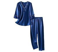 NP Set de Seda para Mujer, diseño de Pajama, Tres cuarters, Manga Nocturna, Azul Profundo, Mediano