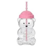 Nplaseta Vaso de Cristal con Diseño de Oso 3D 580 ml, Taza con Tapa y Pajita, para Bebidas Calientes y Frías (Rosa)