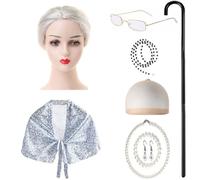 NPXUAMTJ Conjunto de disfraz de anciana para niños, 9 piezas, accesorios para disfrazarse, incluye gafas, chal, collar, aretes, juego de cosplay para niños