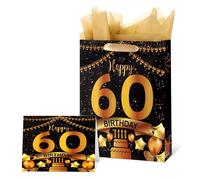 NQEUEPN Happy 60th Birthday Bolsa de Regalo, Negro y Dorado Bolsa Papel Regalo Cumpleaños con Papel de Seda Tarjetas de Felicitación para Hombres Mujeres Suministros para Fiesta de 60 Cumpleaños