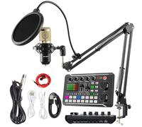NRSW Mezclador de audio profesional, mezclador de audio con tarjeta de sonido en vivo F998, paquete de equipo de podcast con cambiador de voz y funciones de mezclador para PC, smartphone, grabación y
