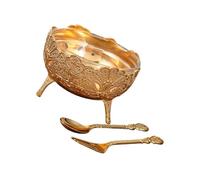 NRVTRE Cuenco de postre de metal con estampado floral decorativo con inserto de vidrio, cuchara y tenedor incluidos, accesorios de cocina para fiestas, juego de cuencos de postre de metal