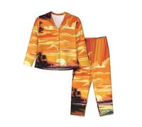 NSDdefAWCGT Conjunto de pijama clásico de manga larga con botones para mujer, diseño tropical de amanecer, pijama suave, color negro