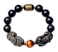 NSNYDNZ Pulsera de obsidiana, Pulseras de Cuentas de Ojo de Tigre de Doble Piyao, obsidiana Dorada Natural, obsidiana Negra, Pulsera energética Ajustable, obsidiana Negra,(Black Obsidian-,12mm)