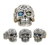 NTALJC Anillo de calavera de azúcar de plata con incrustaciones de micro pavé anillo de ojos de circón ~ Flor grabada en plata de ley 925 ~ Tamaños 7-15,