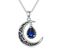 NTALJC Crescent Moon Necklace Silver Emerald/Red/Purple/Black/Blue/Aquamarine/Moss Agate Celtic Moon Teardrop Necklace Celtic Jewelry Gifts for Women Girls Birthday