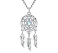NTALJC Dream Catcher Necklace Silver Dreamcatcher Moonstone Feather Pendant Necklace Boho Jewellery Gift for Women