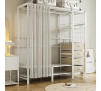 NTALJC Heavy Duty Clothes Rack with Curtain - Large Wardrobe Closet System for Bedroom, 4 Open Shelves & 6 Drawers, White Walk-in Closet Organizer (130x50x170cm)