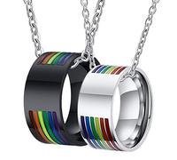 NTALJC Juego de collar con colgante para mujeres y hombres, acero inoxidable, plateado, negro, esmalte LGBT, arco iris, 10 mm, anillos de promesa a juego para ella y ella