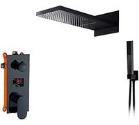 NTALJC Juego de grifos de Ducha Digitales Negros, Cabezal de Ducha de Lluvia en Cascada, Grifo Mezclador con Pantalla de Temperatura Digital de 3 vías, Ducha de baño Oculta