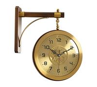 NTALJC Luxurious Wall Clock Double Sided, Brass Solid Wood Wall-Mounted Retro Clocks 3D Rotating Home Art Decor