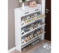 NTALJC Modern Slim Shoe Cabinet - 3-Tier Wooden Storage Organizer with 2 Drawers, Air Hole Design, Pull-Down Rack for Home, Hallway & Bedroom - Space-Saving White Stand