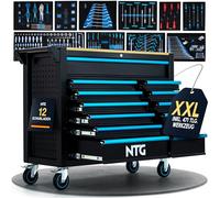 NTG Carro de herramientas XXL - 471 piezas incluidas - 12 cajones con tablero de trabajo de madera, con llave, móvil sobre ruedas - Gabinete profesional de metal para garaje y taller