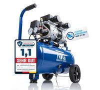 NTG Compresor de aire silencioso de 1470 W, depósito de 24 litros de alto rendimiento, 9 bar sin aceite, especialmente silencioso y flexible de usar con 2 manómetros y regulador de presión