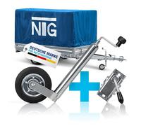 NTG Rueda de apoyo para remolques, neumáticos de goma maciza, carga de apoyo de 150 kg, 46 hasta 68 cm de altura, acero galvanizado, con soporte de sujeción, rueda de apoyo, caravana, remolque de 750