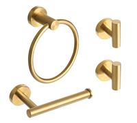 Ntipox - Juego de Accesorios de baño de Acero Inoxidable de 4 Piezas, Incluye toallero de aro para Toalla de Mano, portarrollos para Papel higiénico y 2 Ganchos para Albornoces, Dorado Cepillado