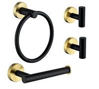 Ntipox - Juego de Accesorios de baño de Acero Inoxidable de 4 Piezas, toallero de aro para Toalla de Mano, portarrollos para Papel higiénico y 2 Ganchos para Albornoces, Negro Mate y Dorado Cepillado
