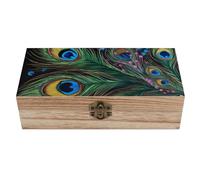 NTVOWPZO Caja de almacenamiento de madera con plumas de pavo real, caja de regalo de madera con tapa con bisagras, caja de recuerdos para joyas